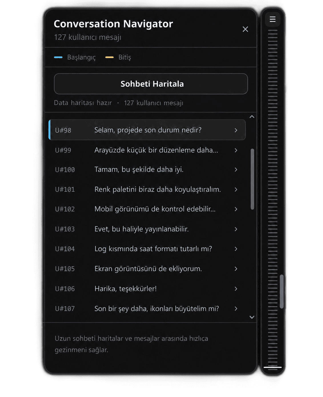 CyneContext Conversation Navigator ile uzun bir konuşmadaki kullanıcı mesajları