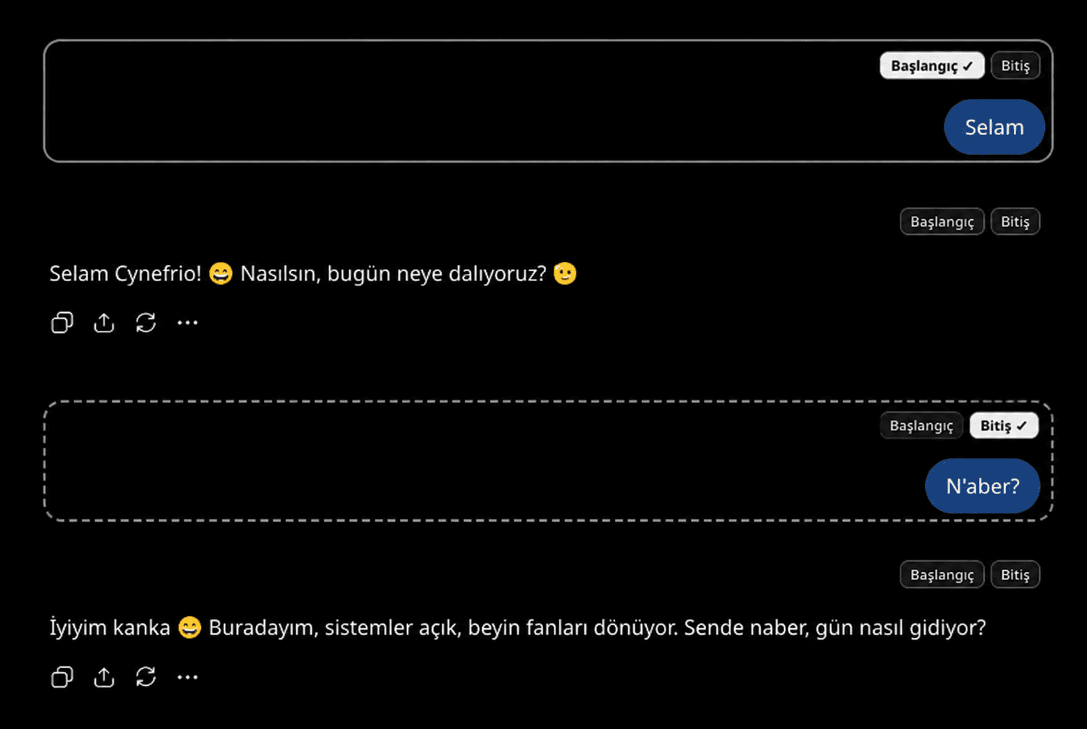 CyneContext ile ChatGPT konuşmasında başlangıç ve bitiş mesajlarının seçilmesi